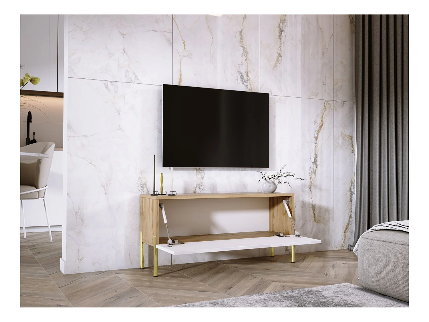 Meuble TV Chêne Wotan / Blanc Brillant, pieds En Or, 100 x 52 x 32 cm