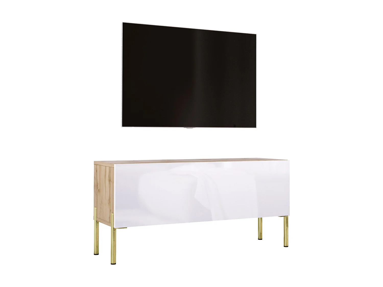 Meuble TV Chêne Wotan / Blanc Brillant, pieds En Or, 100 x 52 x 32 cm