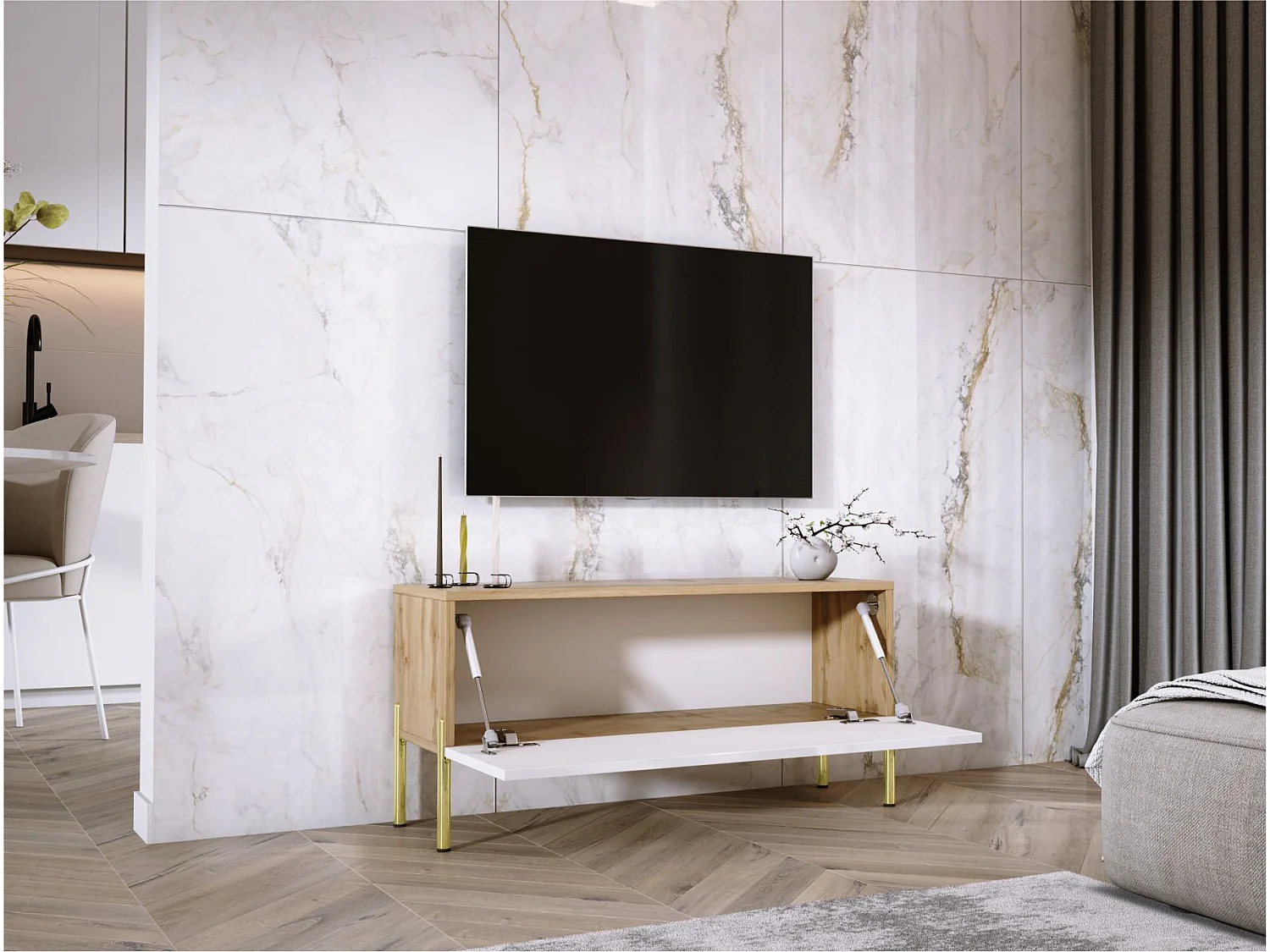 Meuble TV Chêne Wotan / Blanc Brillant, pieds En Or, 100 x 52 x 32 cm