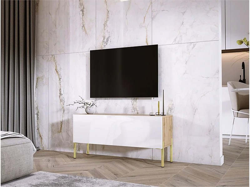 Meuble TV Chêne Wotan / Blanc Brillant, pieds En Or, 100 x 52 x 32 cm