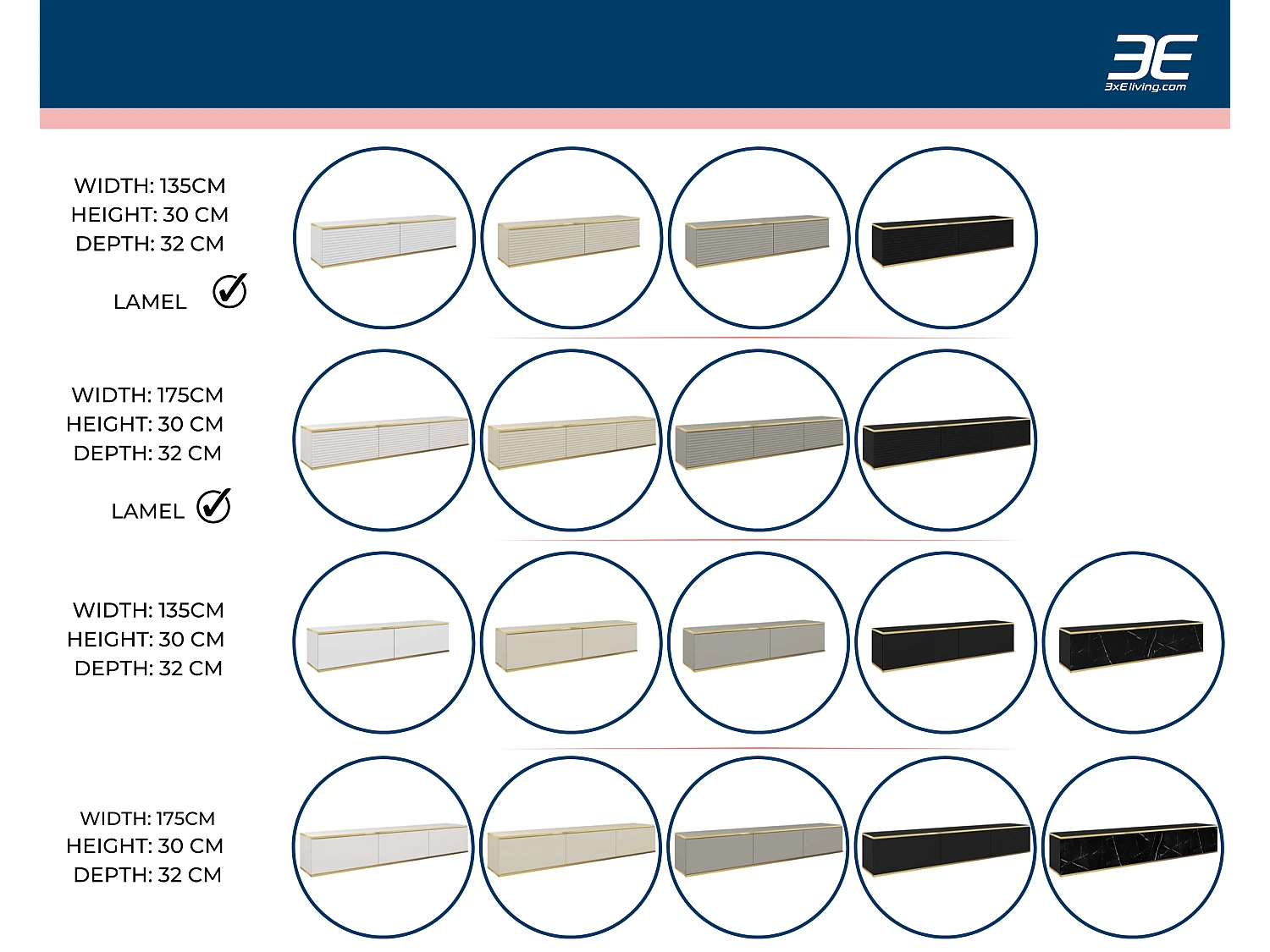 Szafka RTV z beżowymi listwami, złote nóżki, 175 x 30 x 52 cm, Push to Open