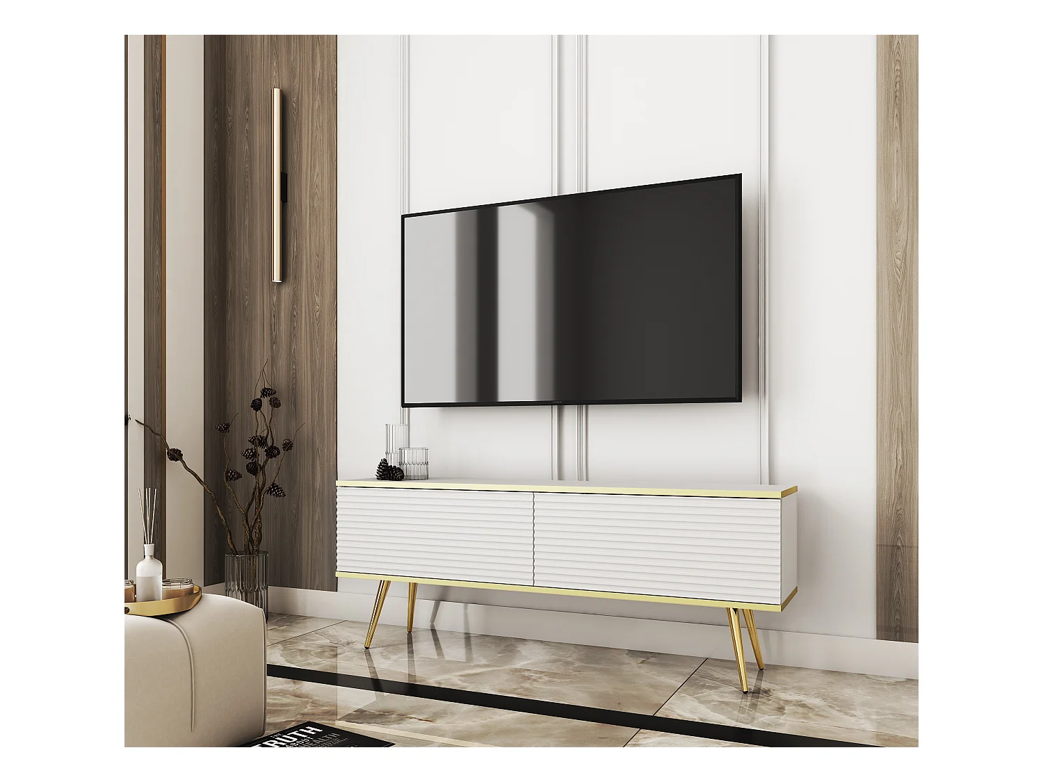 Meuble TV Avec Lamelles Beige, pieds Noir, 135 x 30 x 52 cm, Push to Open