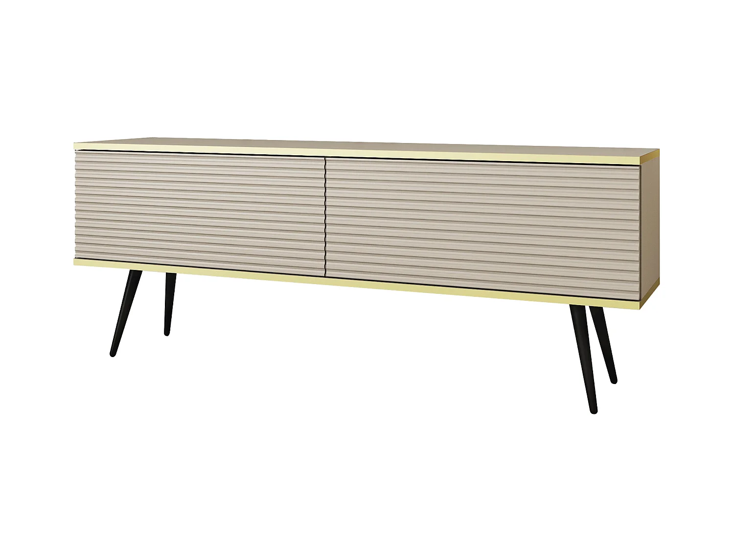 Meuble TV Avec Lamelles Beige, pieds Noir, 135 x 30 x 52 cm, Push to Open