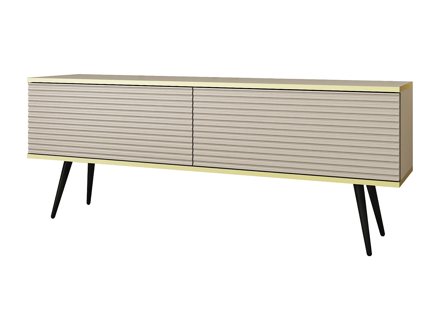 Móvel de TV com ripas bege, pés pretos, 135 x 30 x 52 cm, empurrar para abrir