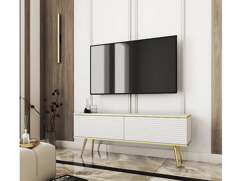 Meuble TV Avec Lamelles Beige, pieds Noir, 135 x 30 x 52 cm, Push to Open