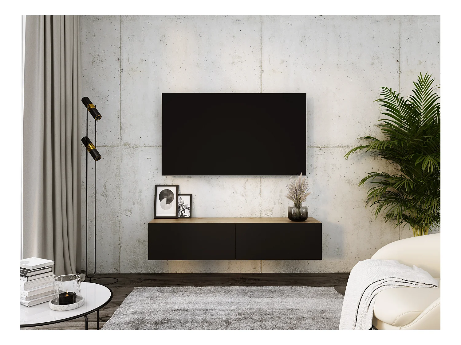 Móvel de TV suspenso, 140 x 34 x 32 cm, Carvalho Wotan / Preto Mate