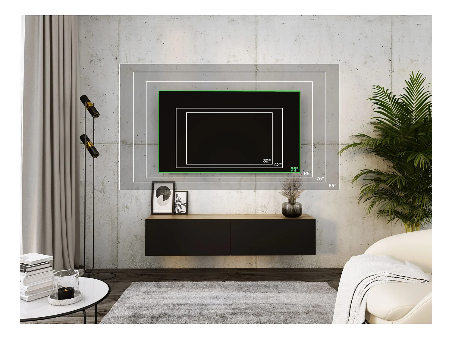 Meuble TV Suspendu, 140 x 34 x 32 cm, Chêne Wotan / Noir Mat