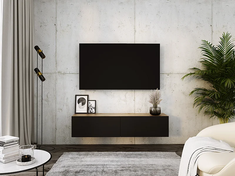 Mueble para TV suspendido, 140 x 34 x 32 cm, roble Wotan/negro mate