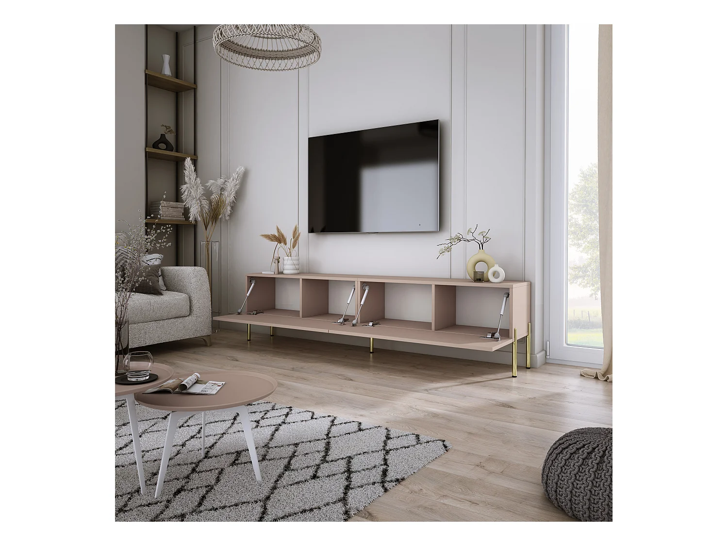 Meuble TV : Brun Caramel, 170 x 52 x 32 cm, pieds dorées