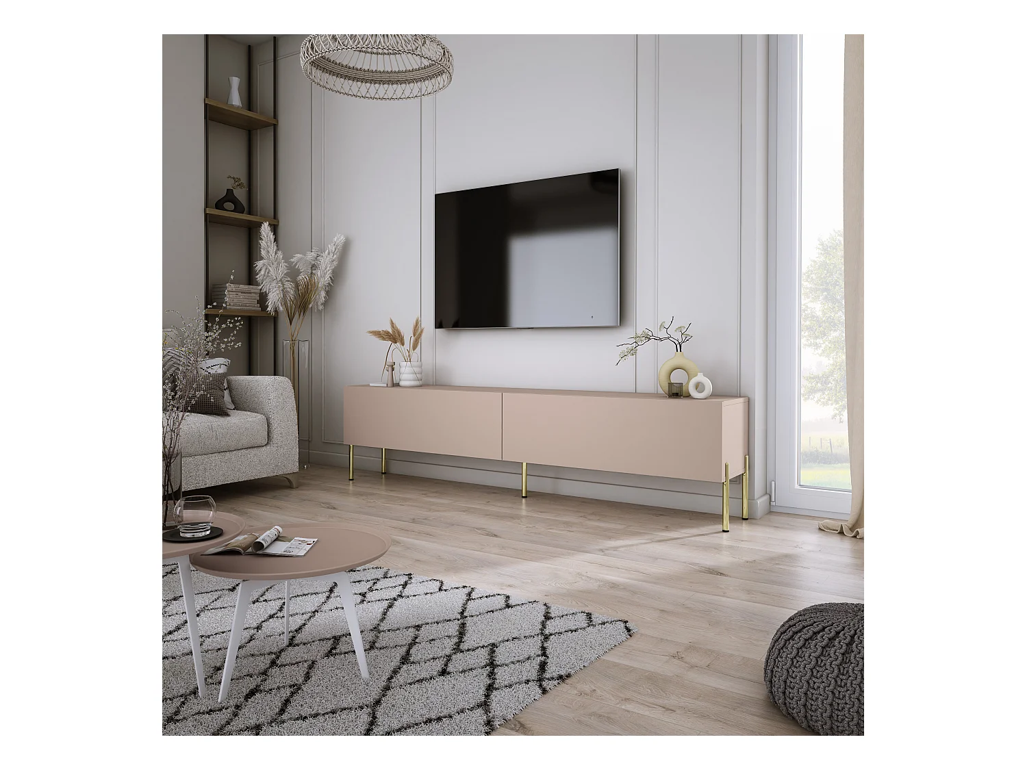 Meuble TV : Brun Caramel, 170 x 52 x 32 cm, pieds dorées
