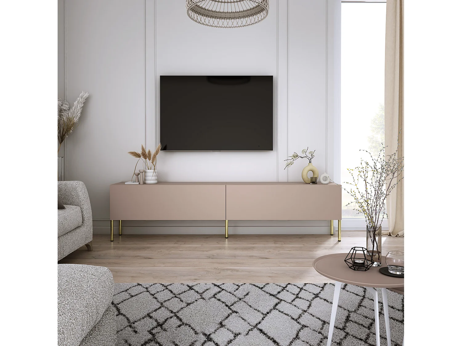 Mueble TV: Marrón caramelo, 170 x 52 x 32 cm, patas doradas
