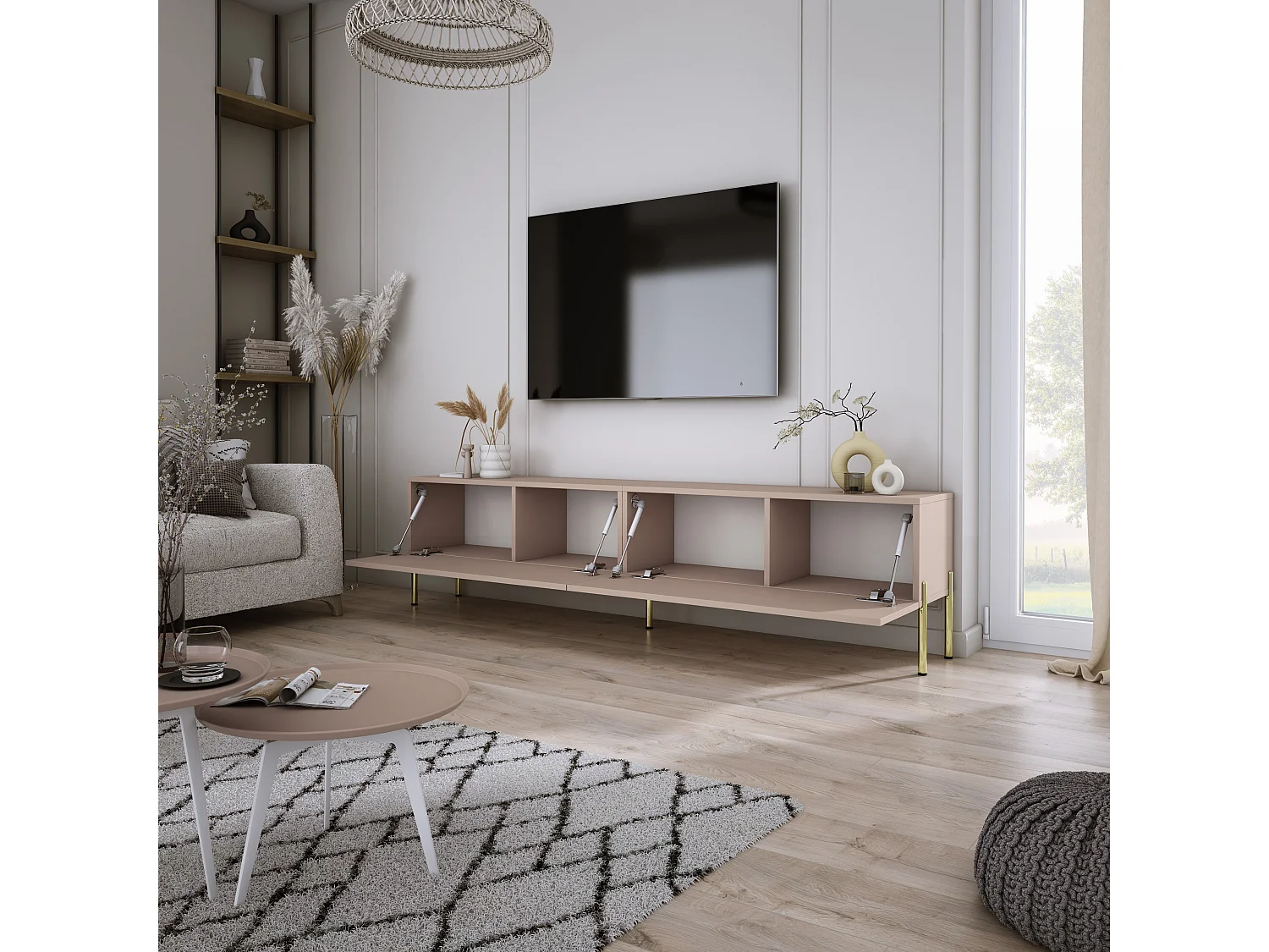 Mueble TV: Marrón caramelo, 170 x 52 x 32 cm, patas doradas
