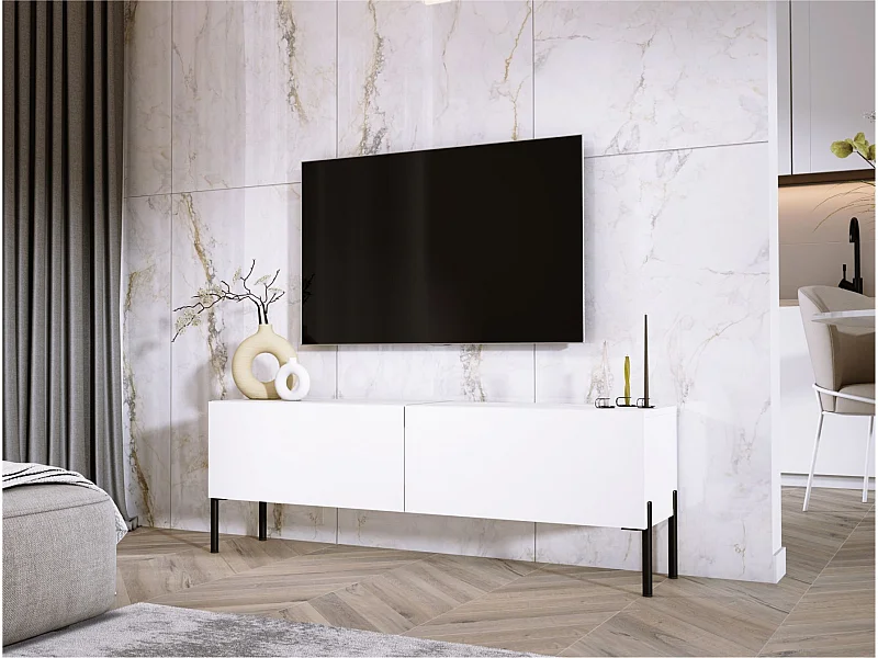 Szafka RTV: Biała matowa, nogi czarne, 140 x 52 x 32 cm