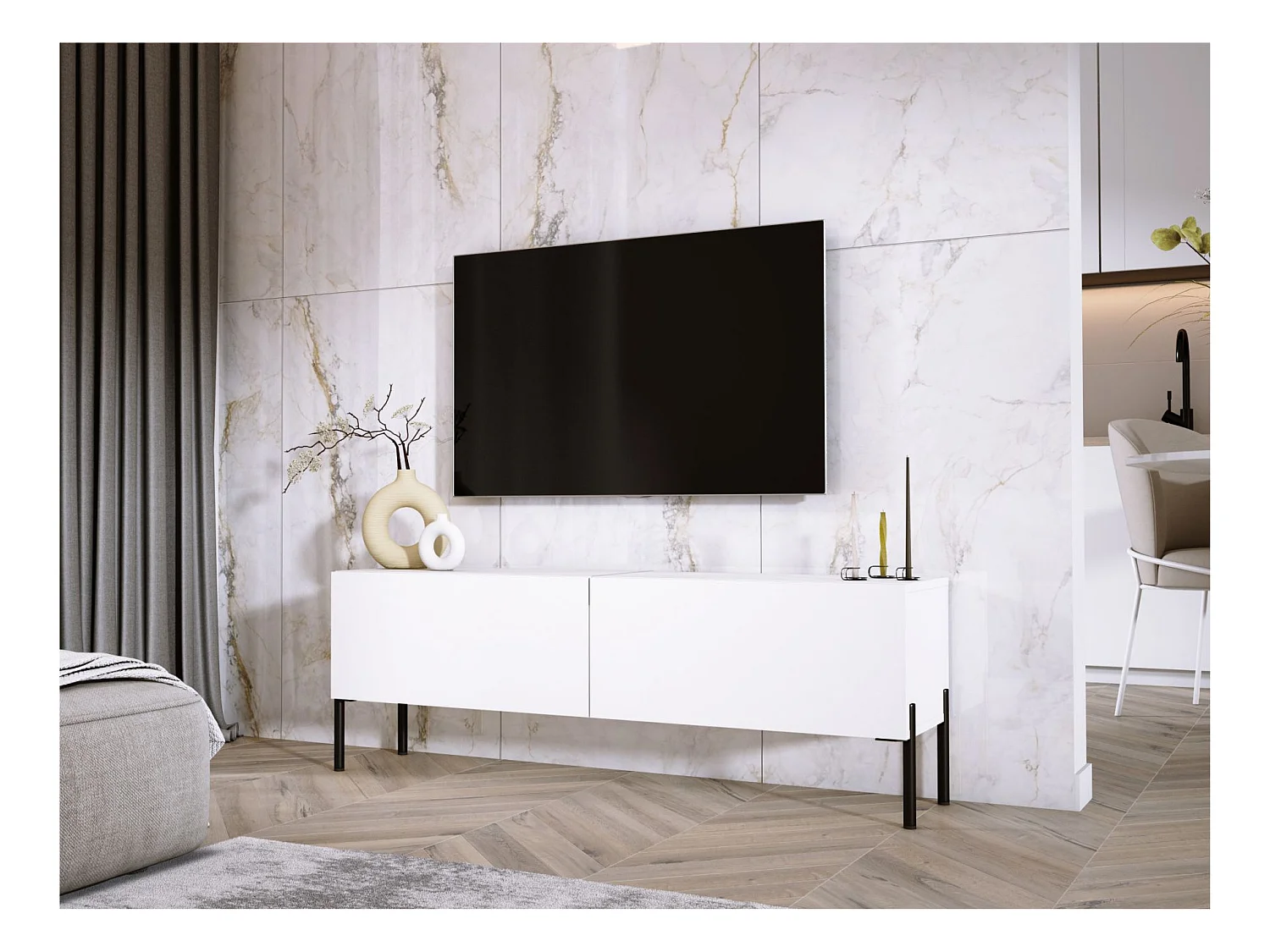Meuble TV : Blanc Mat, pieds noires, 140 x 52 x 32 cm