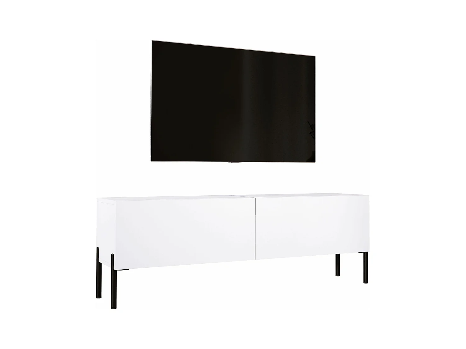 Meuble TV : Blanc Mat, pieds noires, 140 x 52 x 32 cm