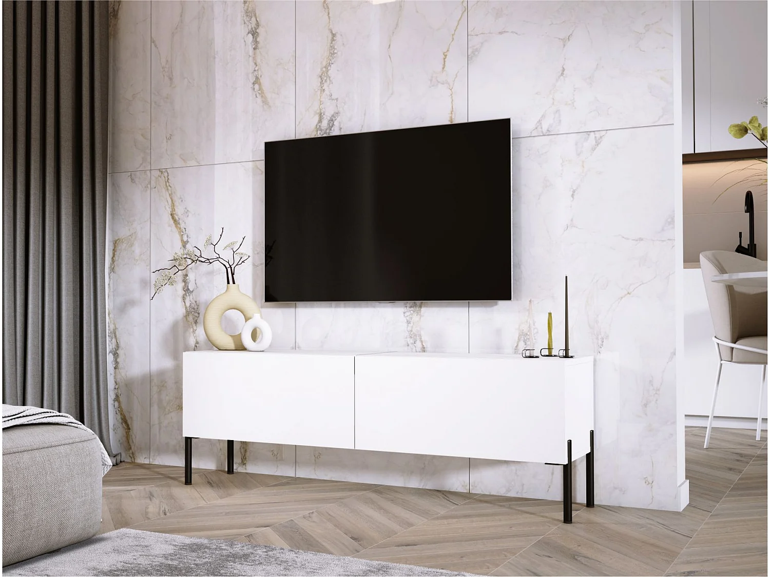 Móvel TV: Branco mate, pernas pretas, 140 x 52 x 32 cm