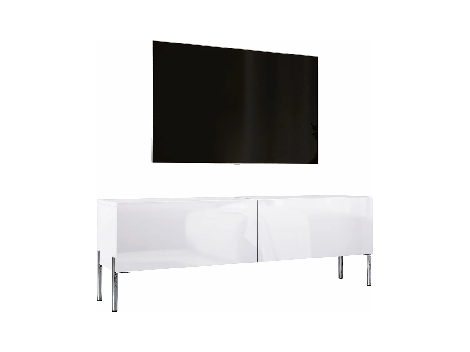 TV-meubel: Mat Wit / Glanzend Wit, Chromen poten, 140 x 52 x 32 cm