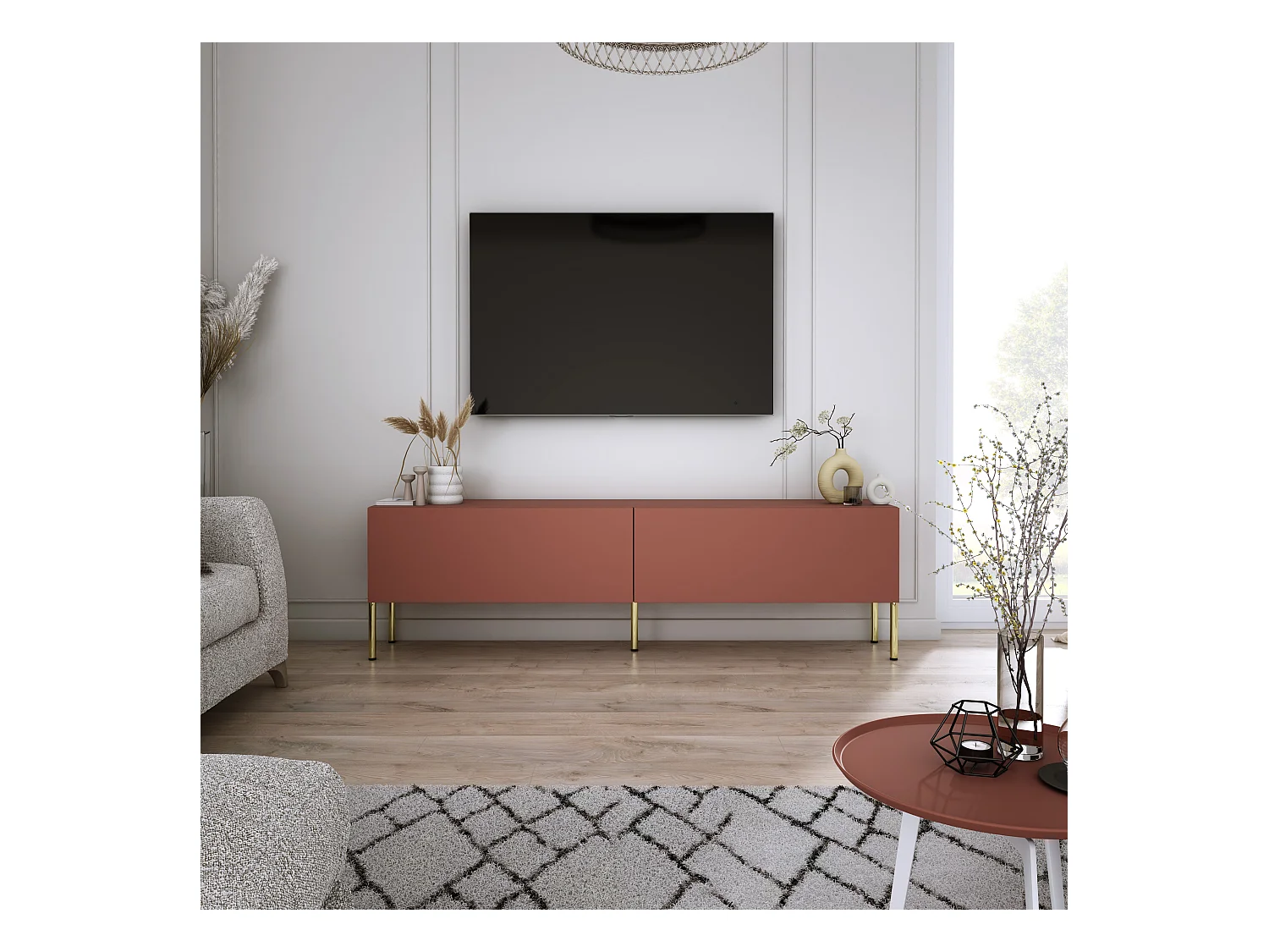 TV-meubel: Steenrood, 140 x 52 x 32 cm, gouden poten