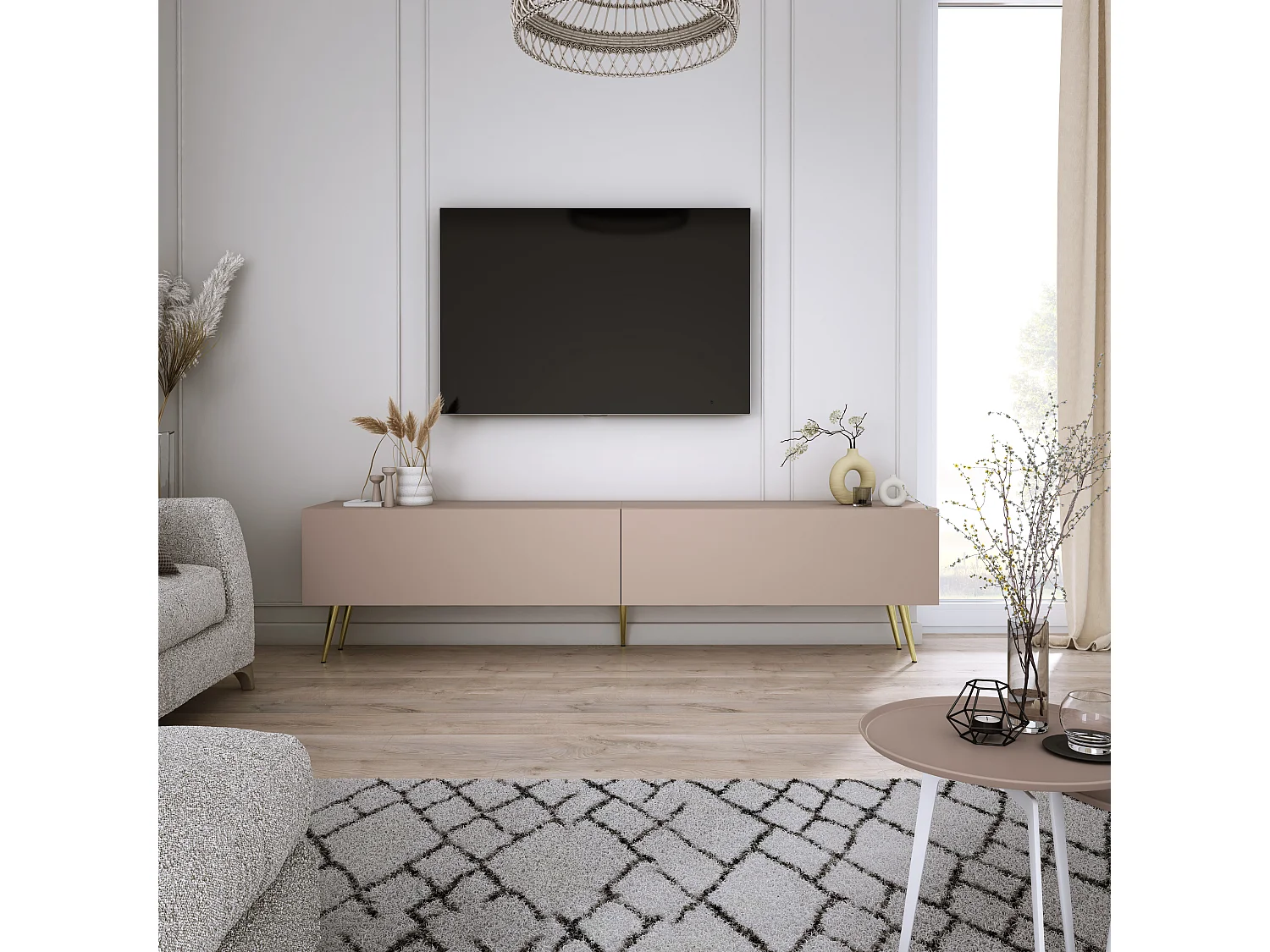 Meuble TV : Brun Caramel, 170 x 52 x 32 cm, pieds dorées