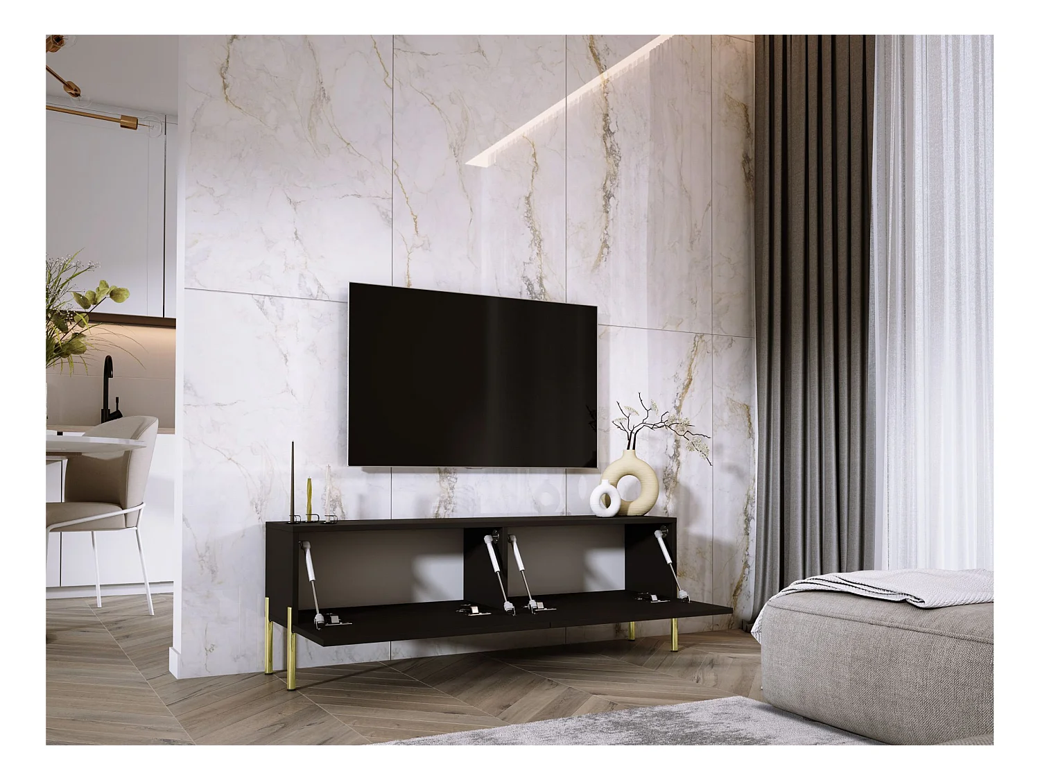 Szafka RTV: Czarny mat, złote nogi, 140 x 52 x 32 cm