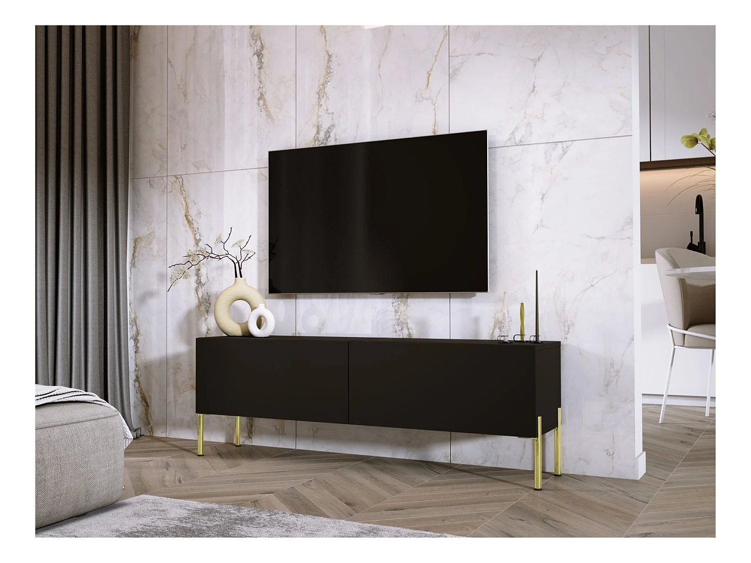 Meuble TV : Noir Mat, pieds dorées, 140 x 52 x 32 cm