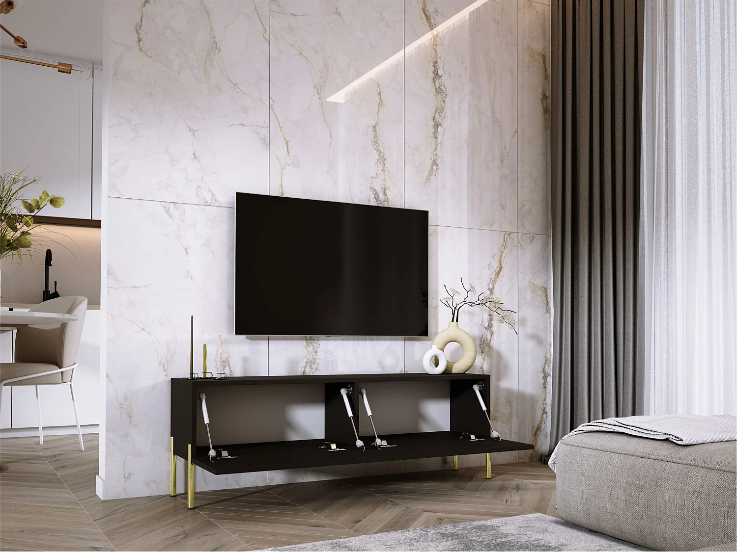 Meuble TV : Noir Mat, pieds dorées, 140 x 52 x 32 cm