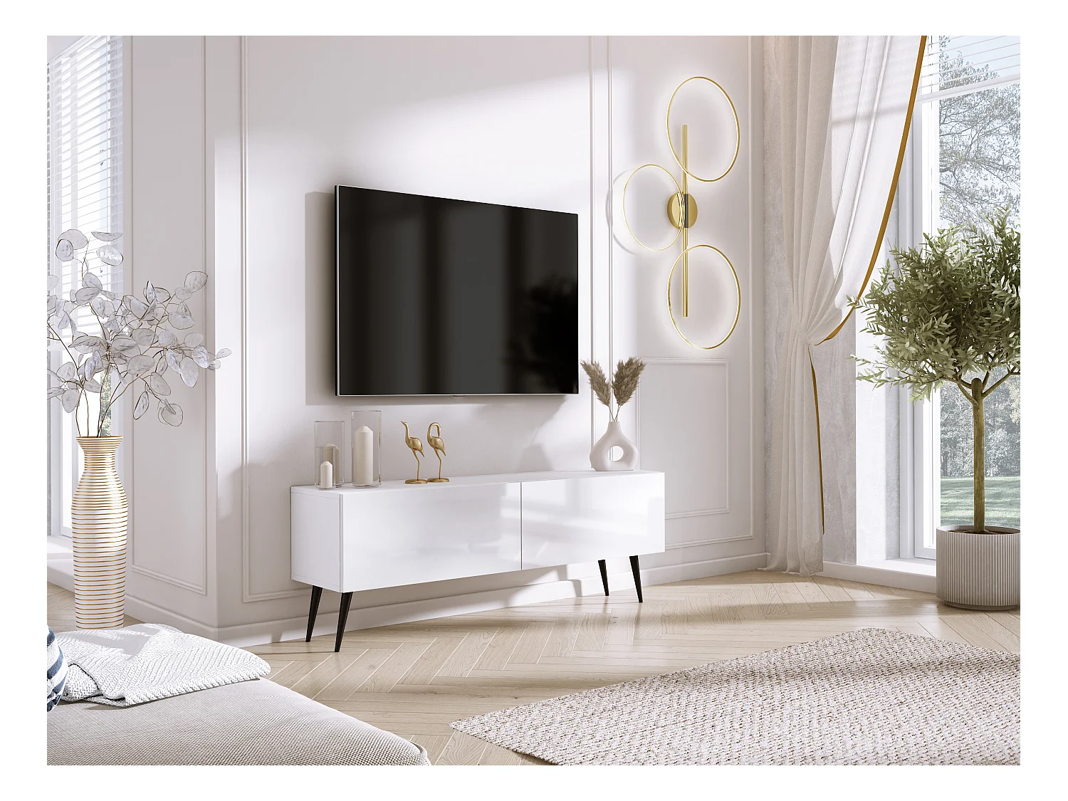 Meuble TV : Blanc Mat / Blanc Brillant, pieds noires, 140 x 52 x 32 cm