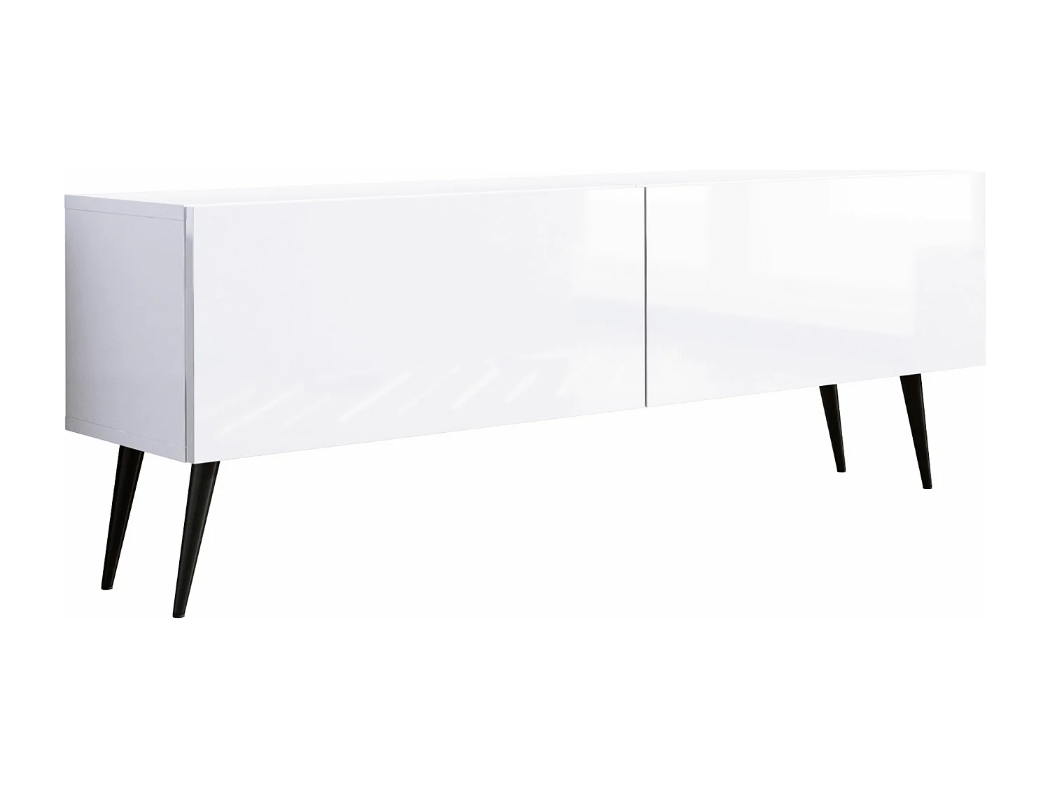 Meuble TV : Blanc Mat / Blanc Brillant, pieds noires, 140 x 52 x 32 cm