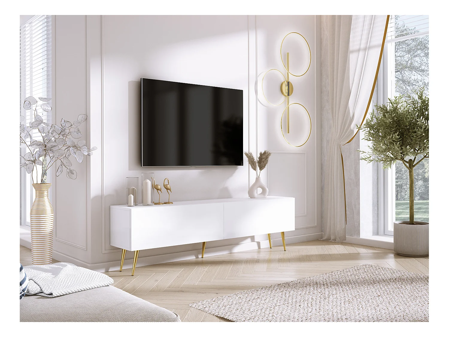 Meuble TV : Blanc Mat, pieds dorées, 170 x 52 x 32 cm