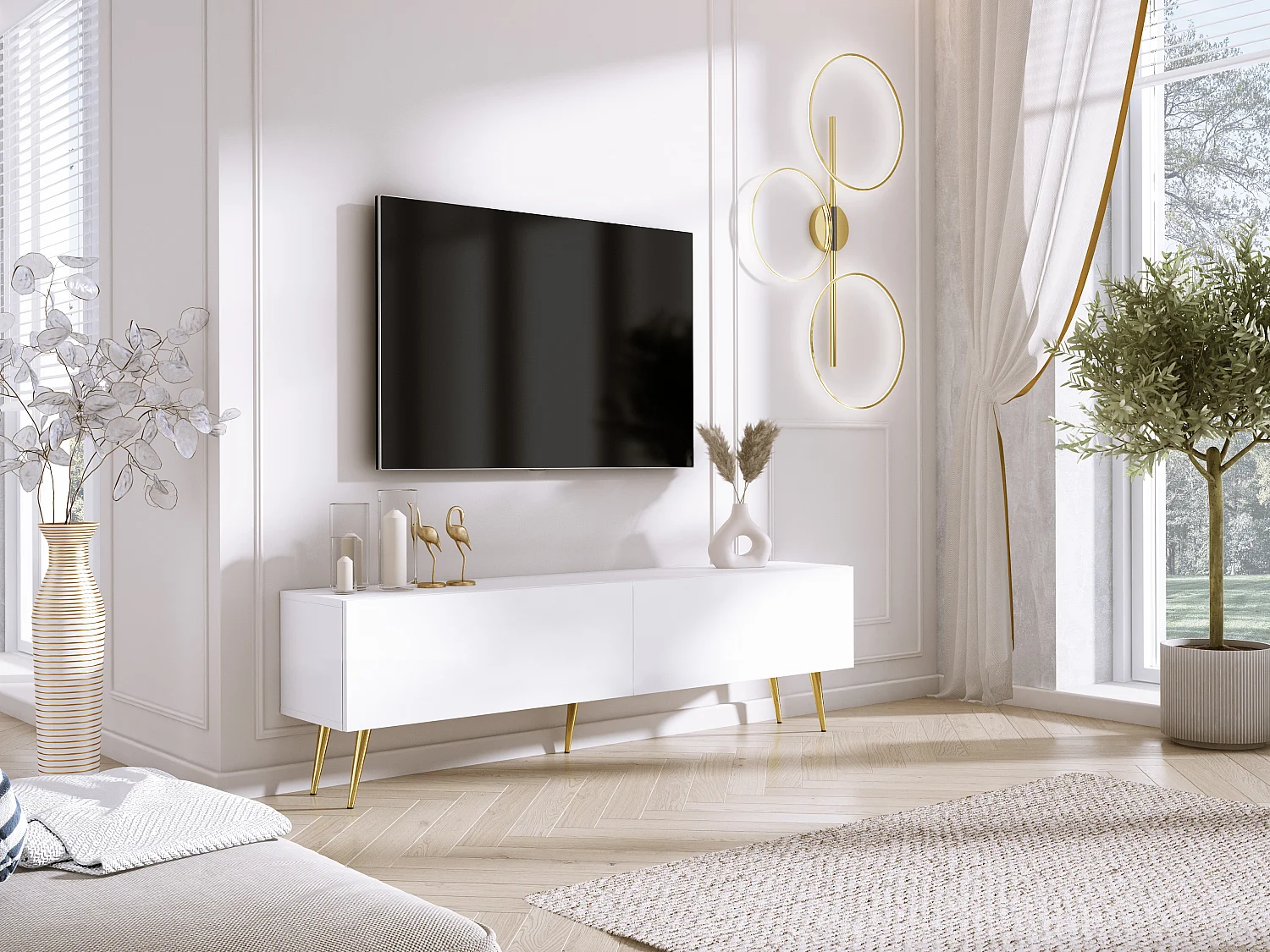 Meuble TV : Blanc Mat, pieds dorées, 170 x 52 x 32 cm