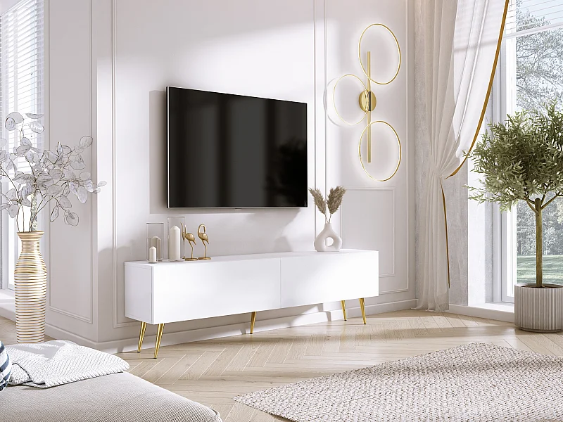 Meuble TV : Blanc Mat, pieds dorées, 170 x 52 x 32 cm