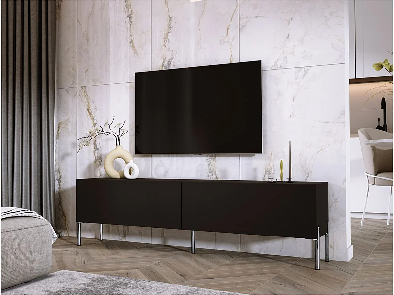 TV-meubel: Mat Zwart / Glanzend Zwart, Chromen poten, 170 x 52 x 32 cm