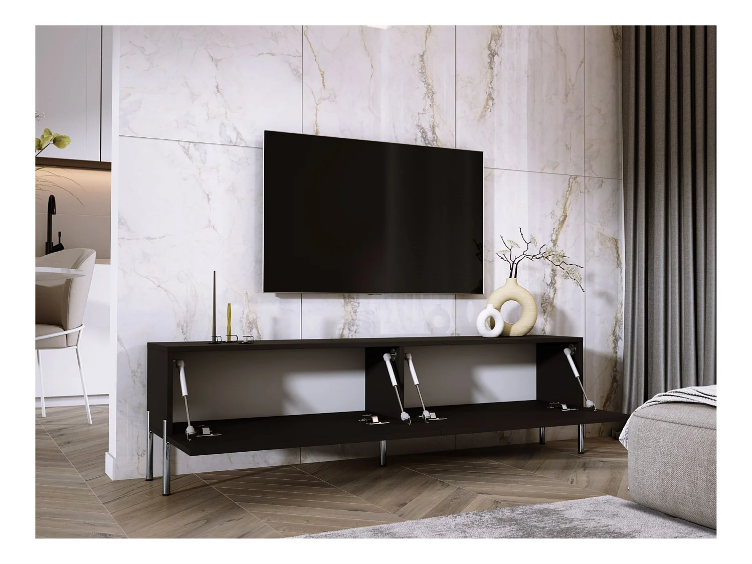 TV-Schrank: Mattschwarz / Hochglanzschwarz, Chrombeine, 170 x 52 x 32 cm