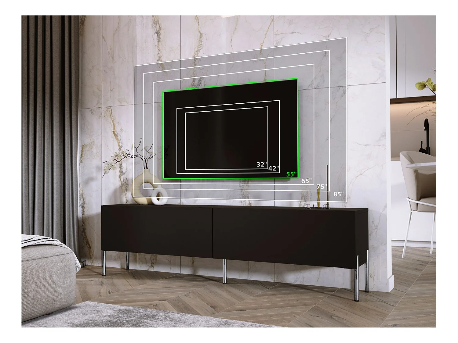 TV-Schrank: Mattschwarz / Hochglanzschwarz, Chrombeine, 170 x 52 x 32 cm