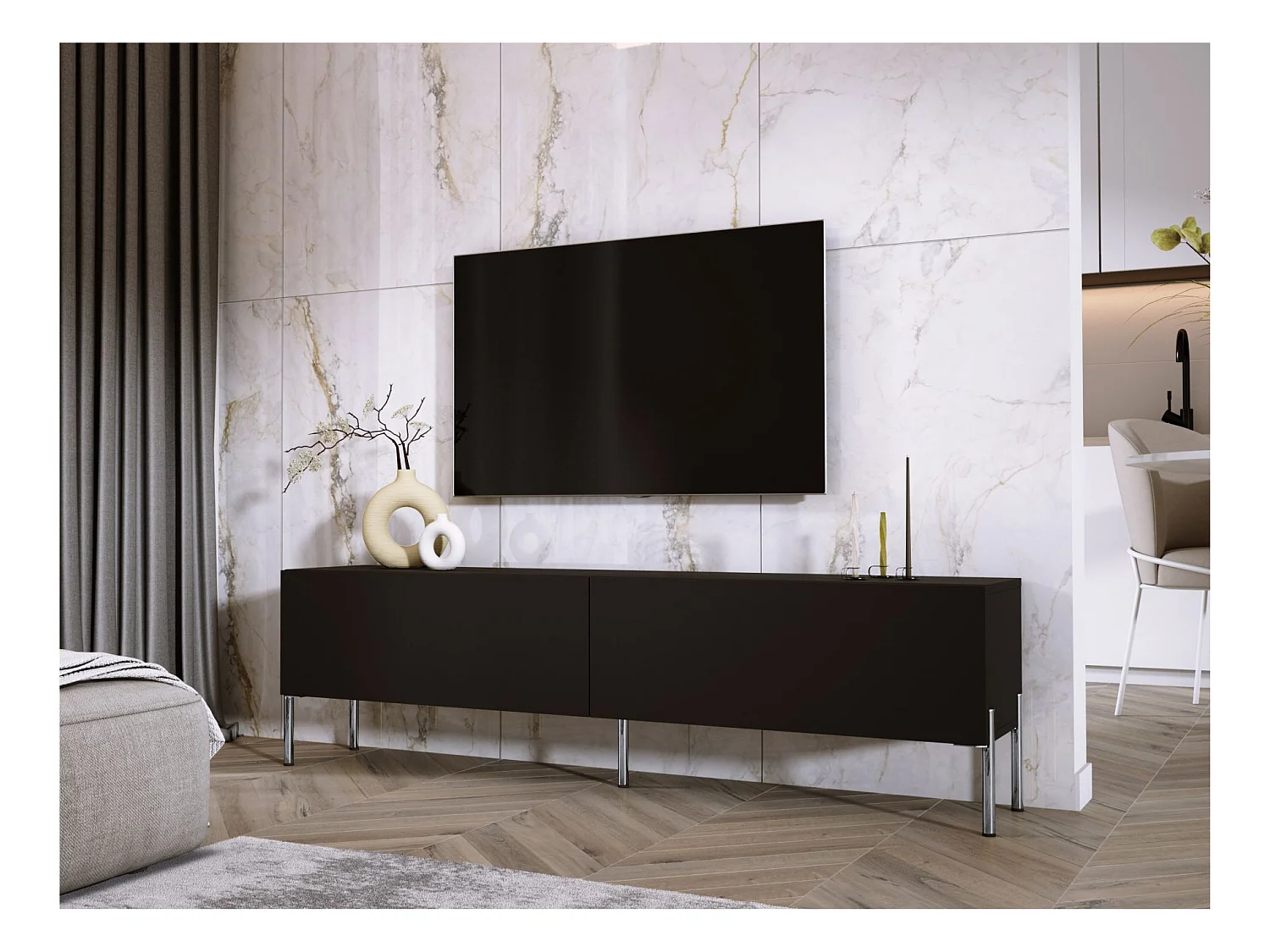 Meuble TV : Noir Mat / Noir Brillant, pieds Chrome, 170 x 52 x 32 cm