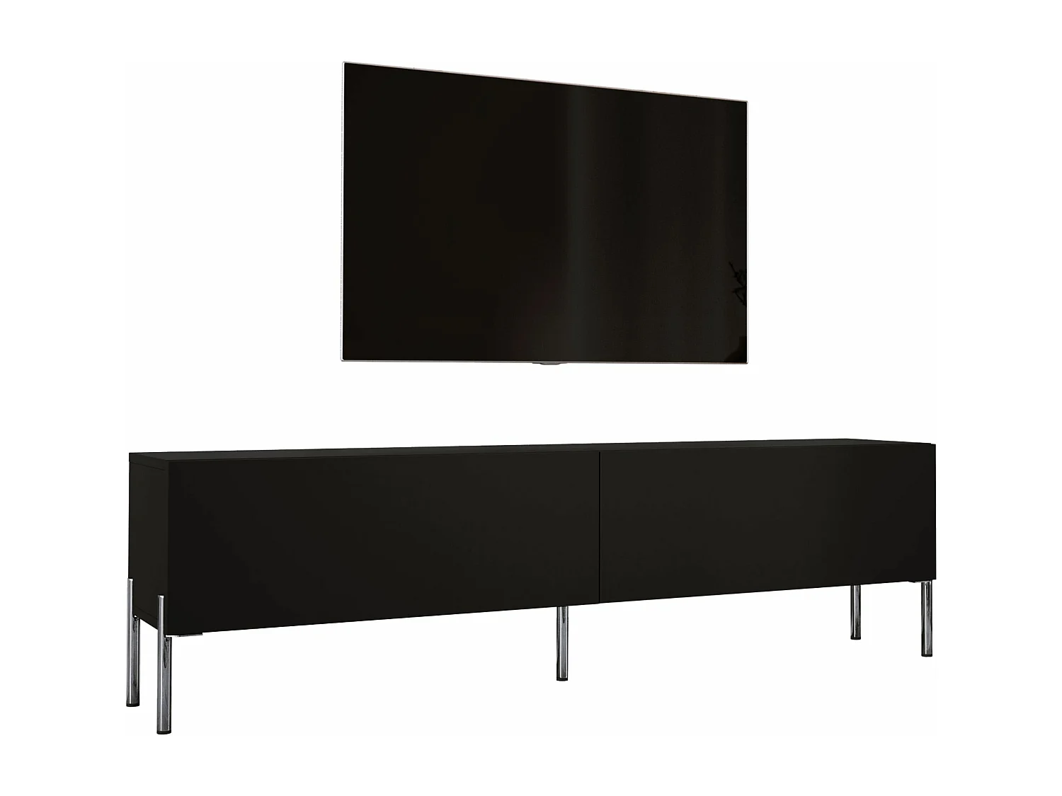 Meuble TV : Noir Mat / Noir Brillant, pieds Chrome, 170 x 52 x 32 cm