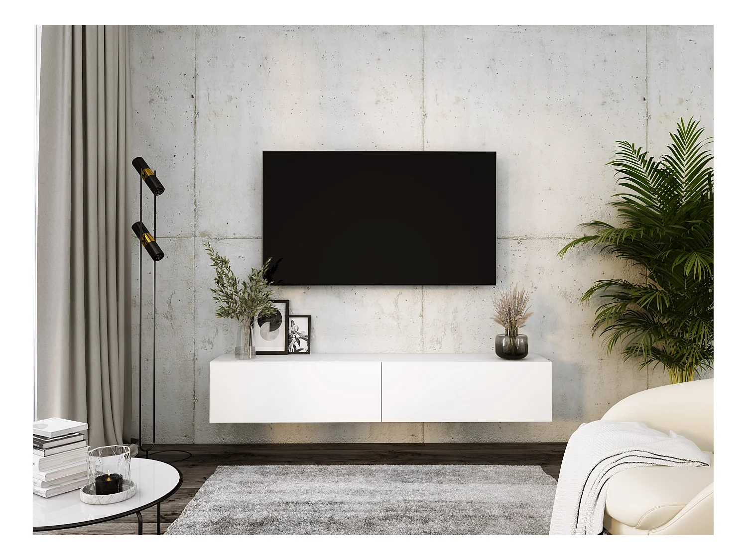 Meuble TV Suspendu, 170 x 34 x 32 cm, Blanc Mat