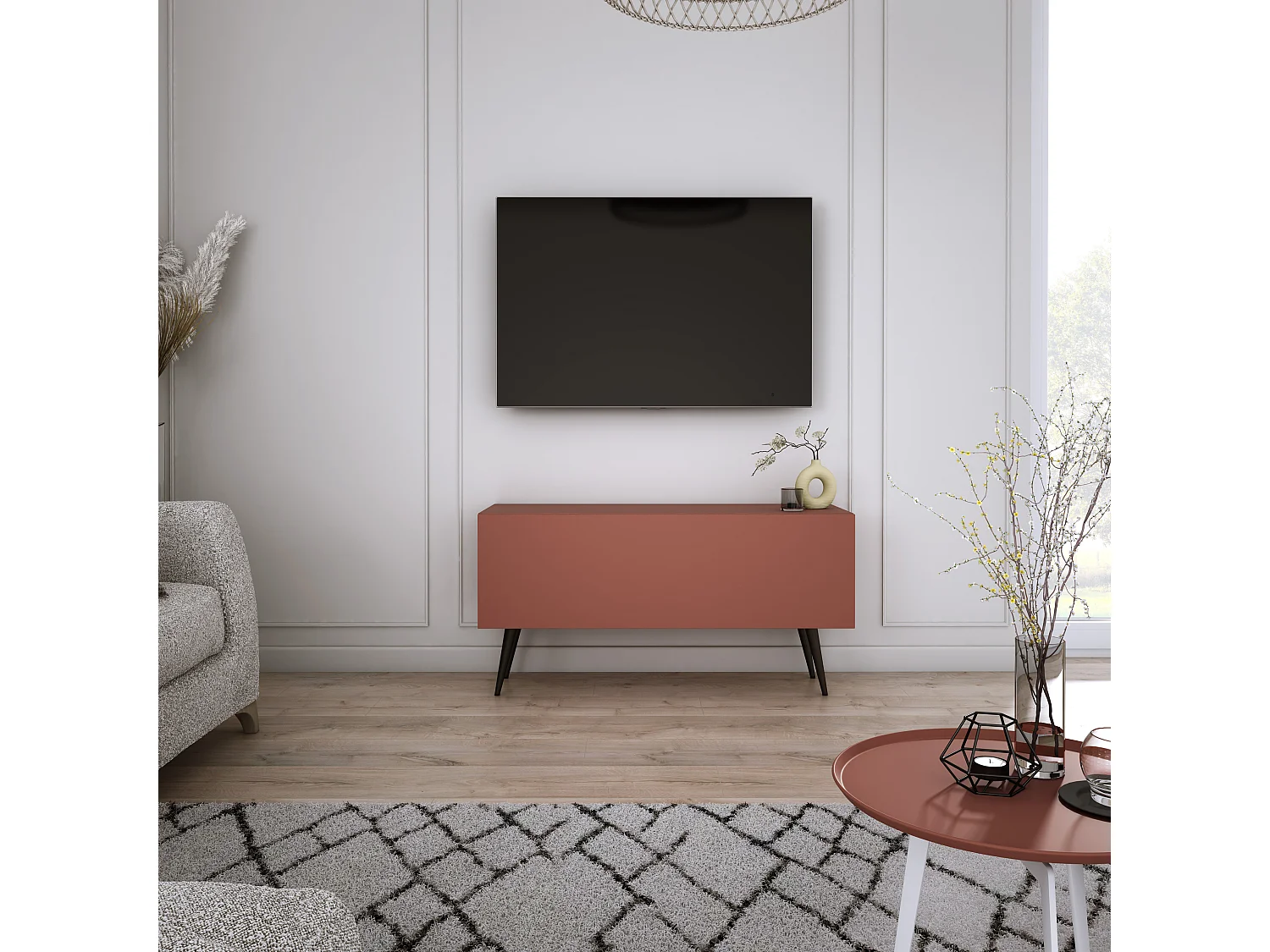 Meuble TV : Rouge Brique, 100 x 52 x 32 cm, pieds noires