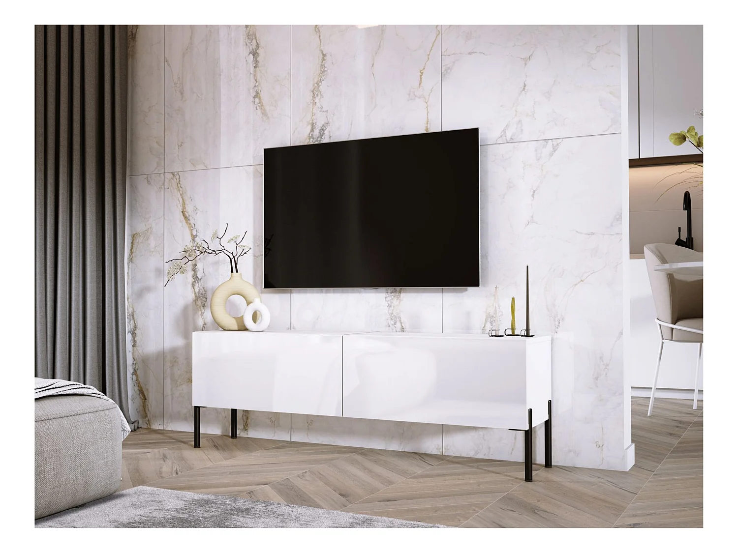 Meuble TV : Blanc Mat / Blanc Brillant Avec pieds noires, 140 x 52 x 32 cm
