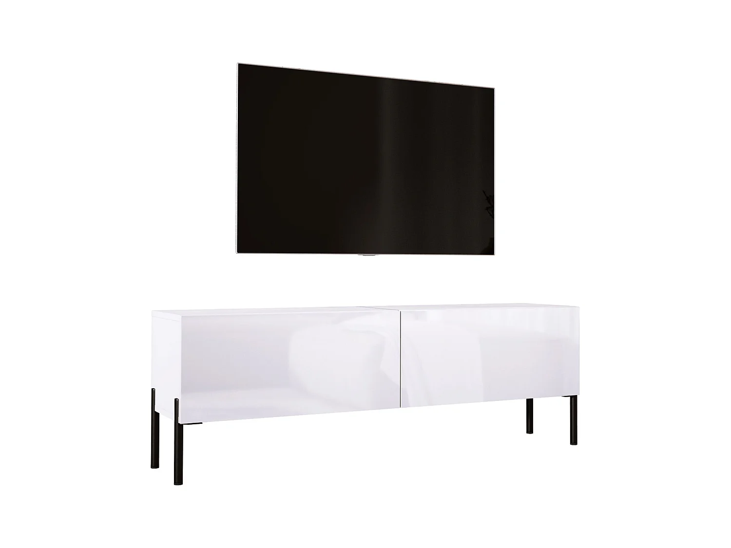 Meuble TV : Blanc Mat / Blanc Brillant Avec pieds noires, 140 x 52 x 32 cm