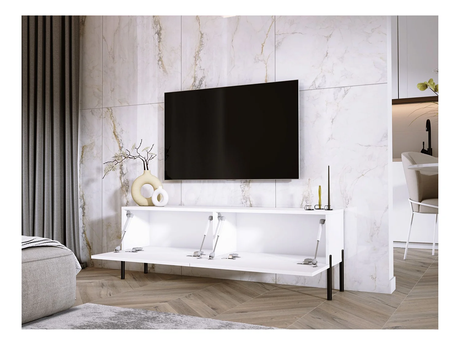 Meuble TV : Blanc Mat / Blanc Brillant Avec pieds noires, 140 x 52 x 32 cm