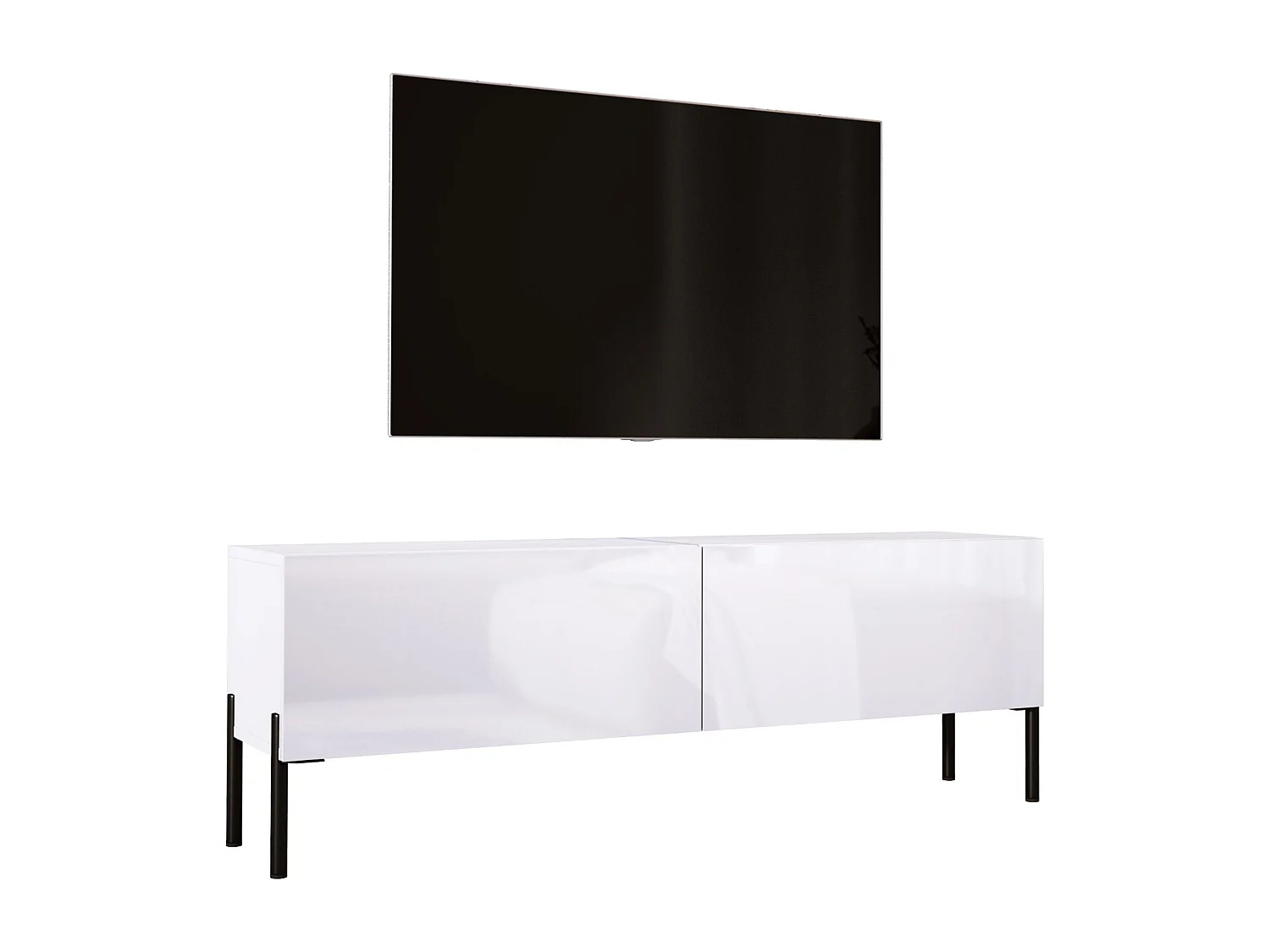 Meuble TV : Blanc Mat / Blanc Brillant Avec pieds noires, 140 x 52 x 32 cm