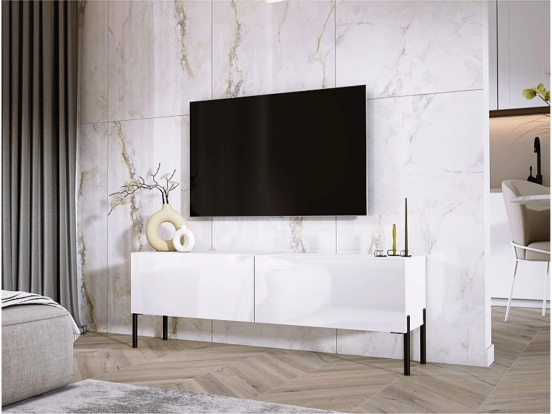 TV-Schrank: Mattweiß / Hochglanzweiß. Mit schwarzen Beinen, 140 x 52 x 32 cm