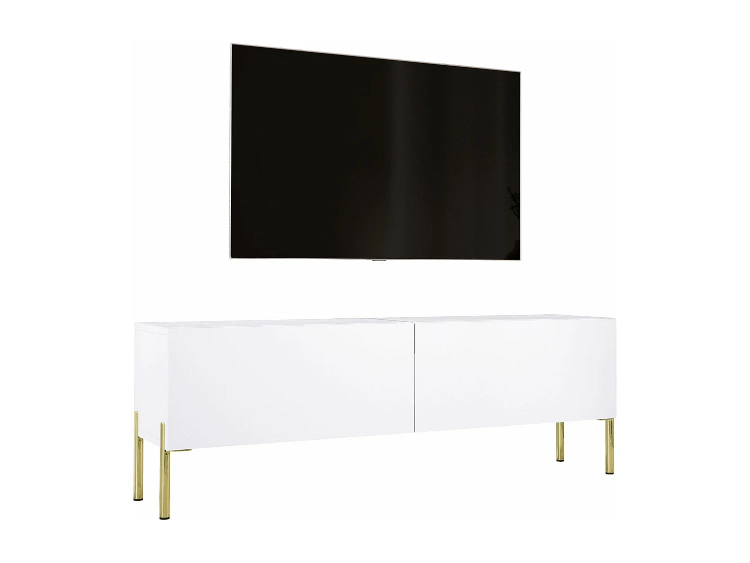 Meuble TV : Blanc Mat, pieds dorées, 140 x 52 x 32 cm