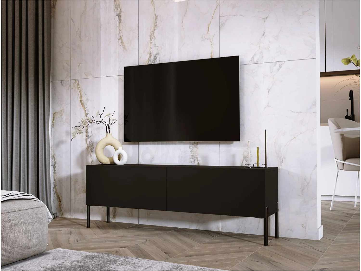 Meuble TV : Noir Mat, pieds noires, 140 x 52 x 32 cm