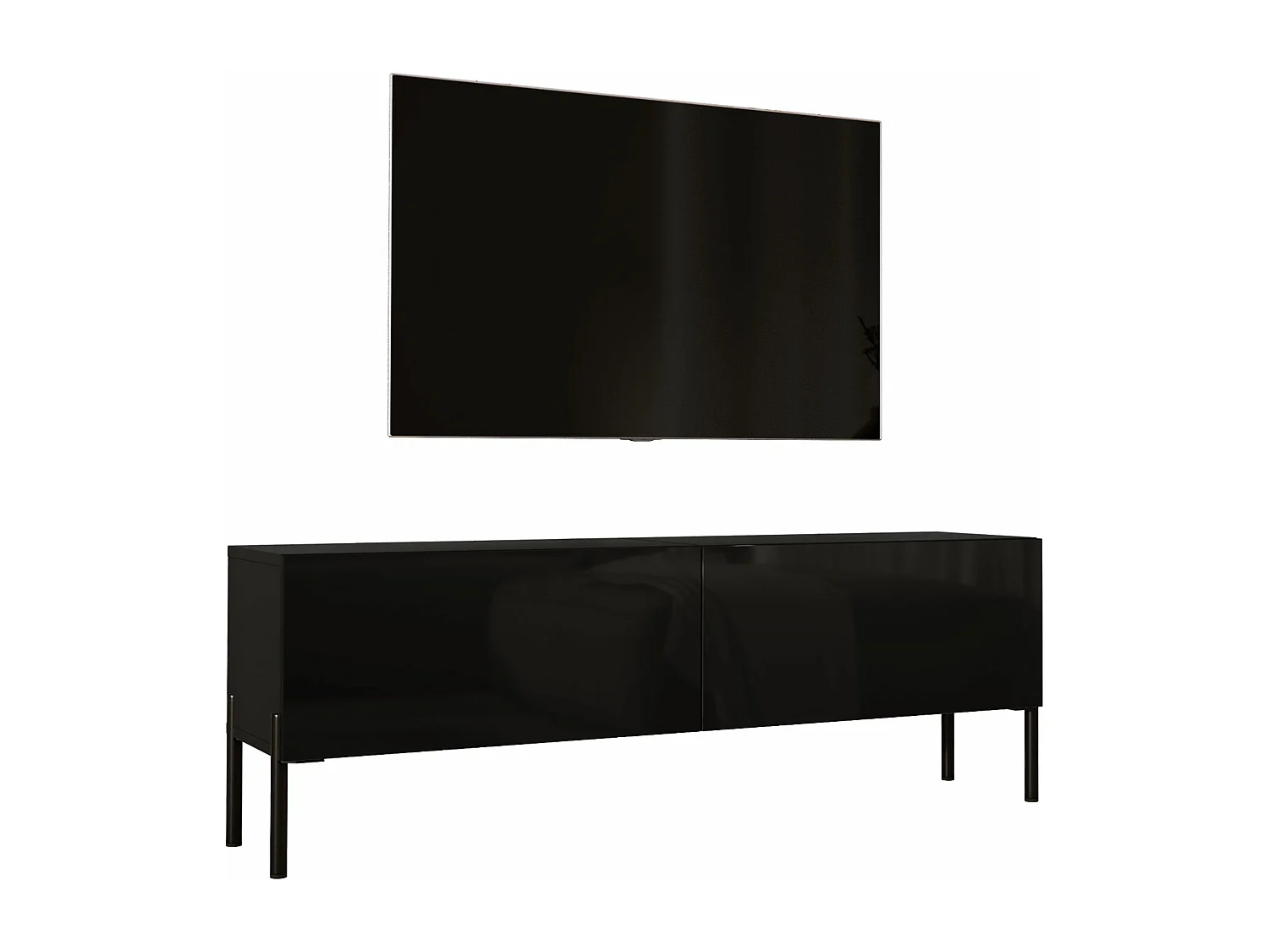 Meuble TV : Noir Mat, pieds noires, 140 x 52 x 32 cm