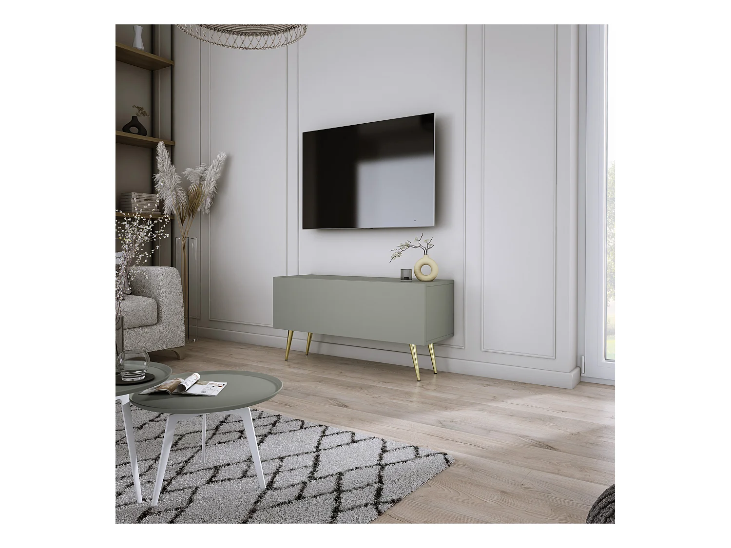 Meuble TV : Aloès, 100 x 52 x 32 cm, pieds dorées