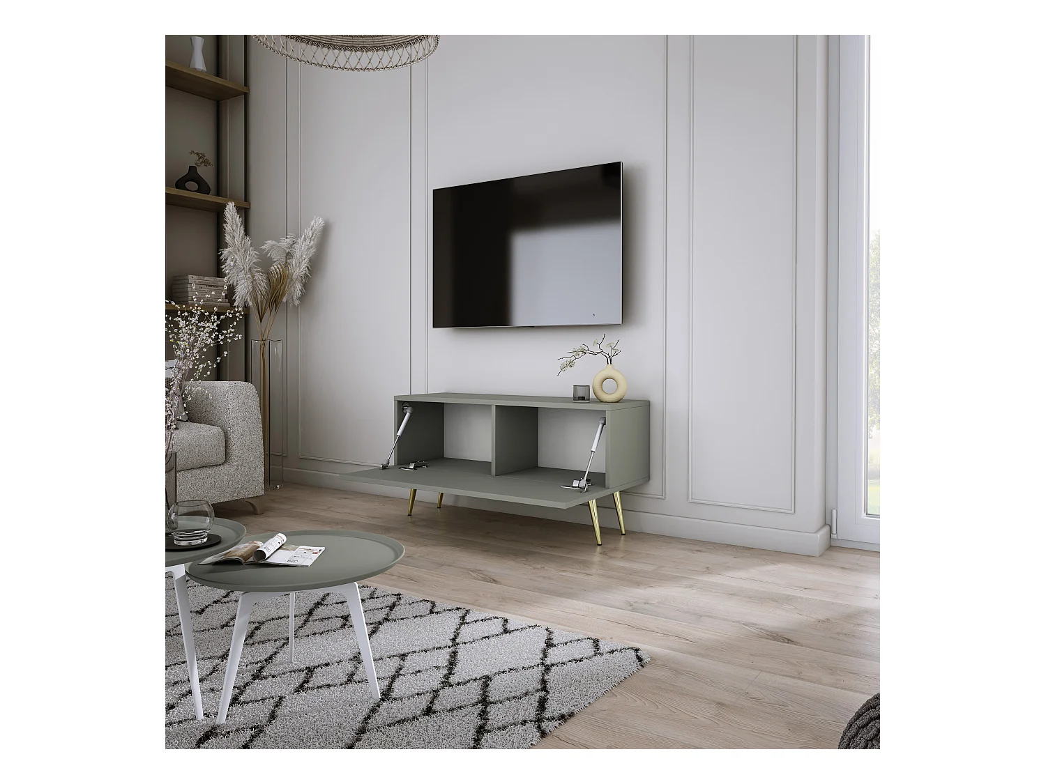 Meuble TV : Aloès, 100 x 52 x 32 cm, pieds dorées