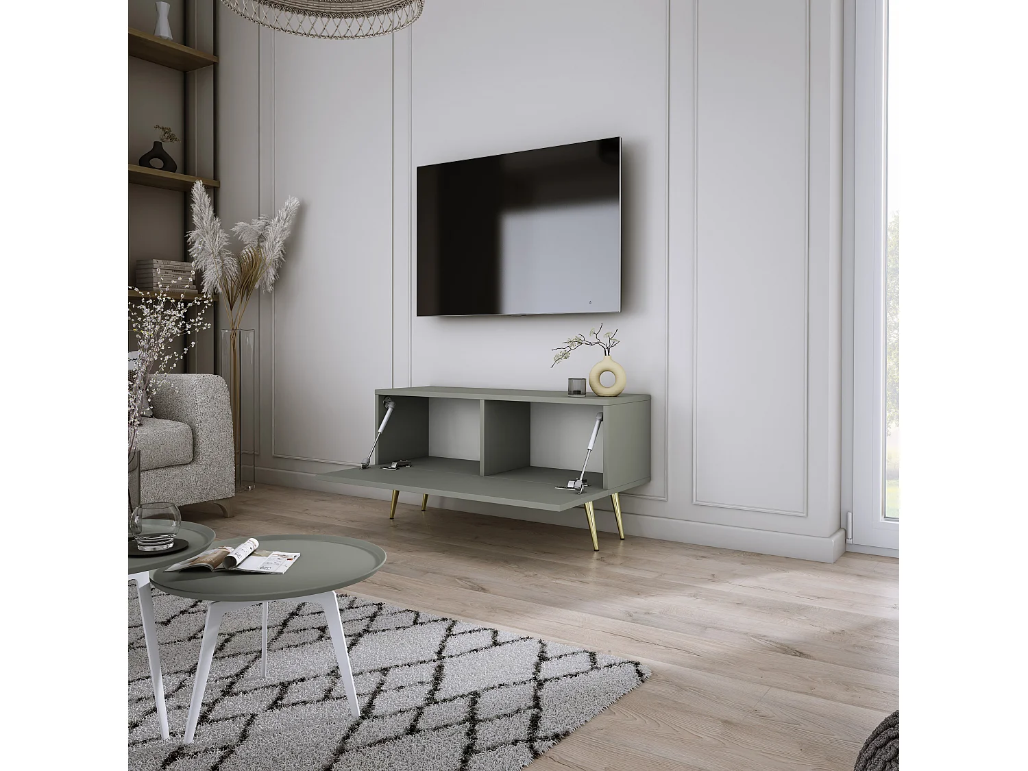 Meuble TV : Aloès, 100 x 52 x 32 cm, pieds dorées