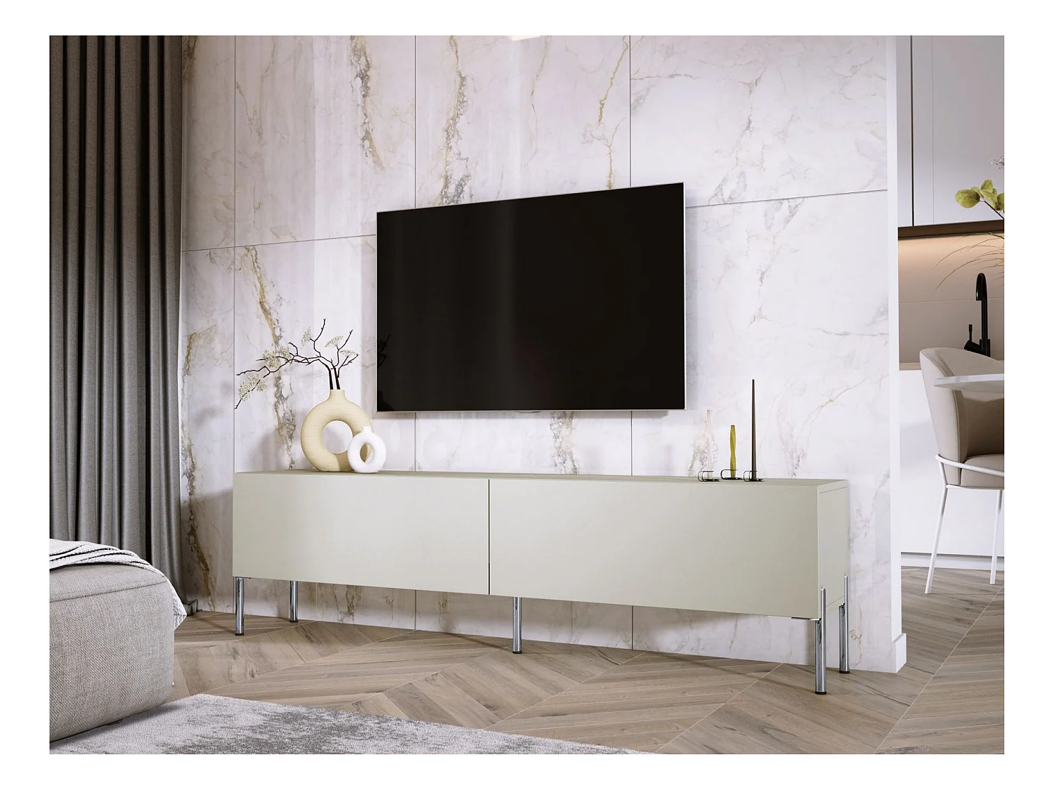 Meuble TV : Cachemire, pieds Chrome, 170 x 52 x 32 cm